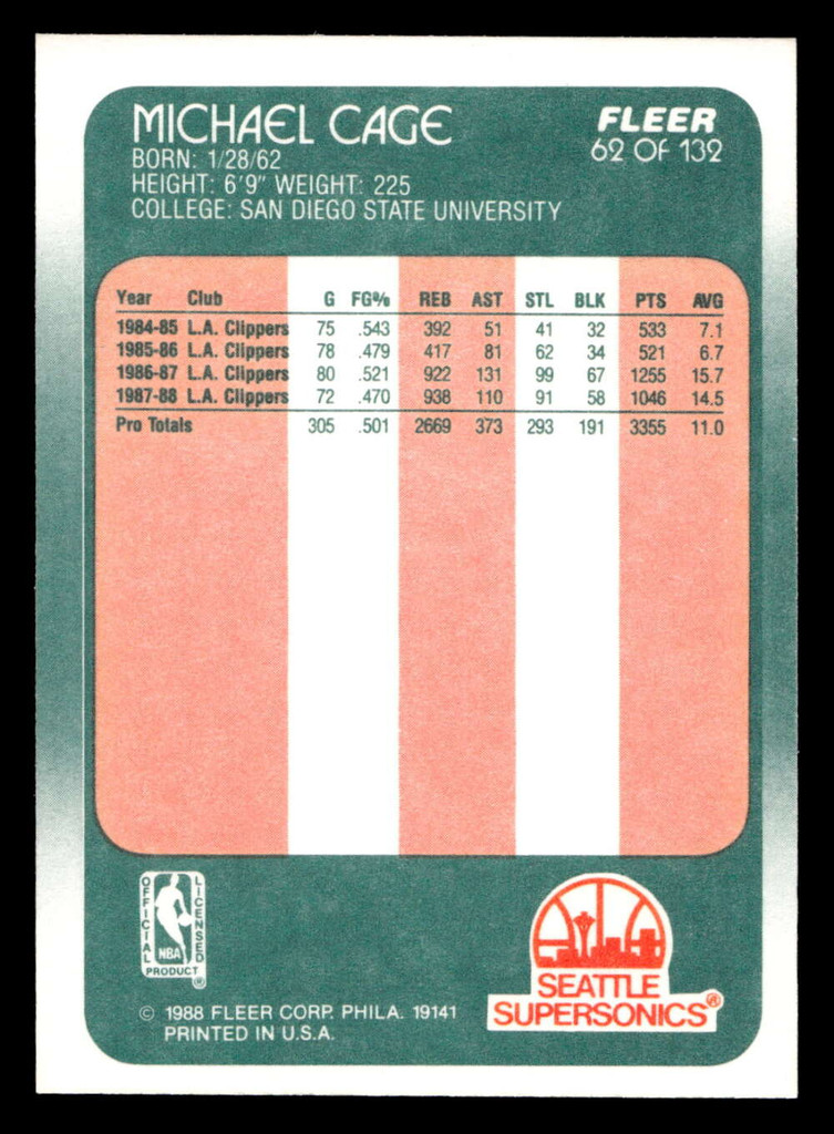 1988-89 Fleer #62 Michael Cage Near Mint+ Basketball  ID: 510012