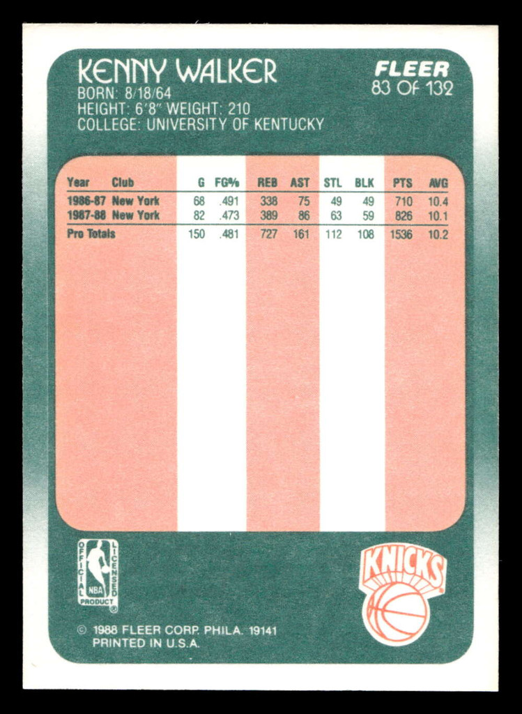 1988-89 Fleer #83 Kenny Walker Near Mint+ RC Rookie Basketball  ID: 510101