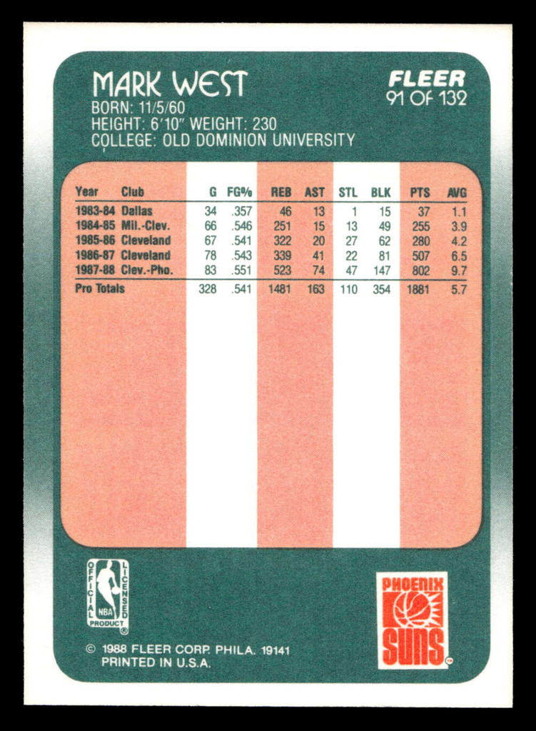 1988-89 Fleer #91 Mark West Near Mint+ RC Rookie Basketball  ID: 510135