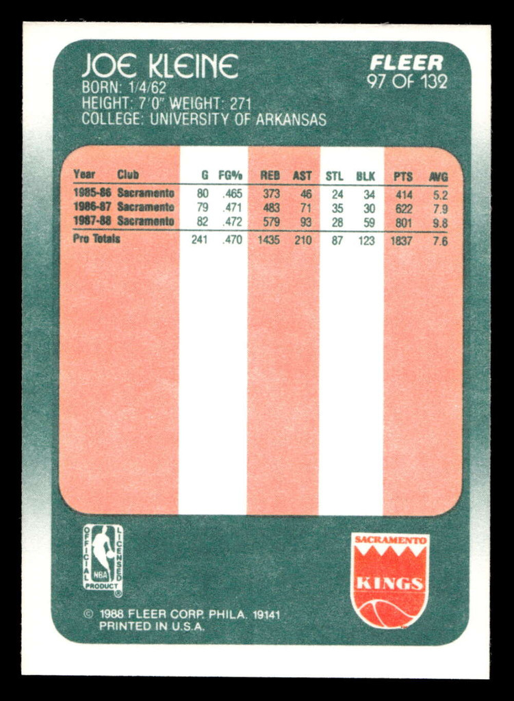 1988-89 Fleer #97 Joe Kleine Near Mint+ RC Rookie Basketball  ID: 510160