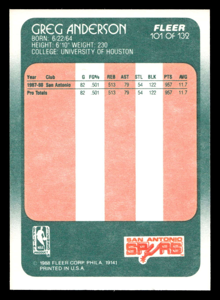 1988-89 Fleer #101 Greg Anderson Near Mint+ RC Rookie Basketball  ID: 510182