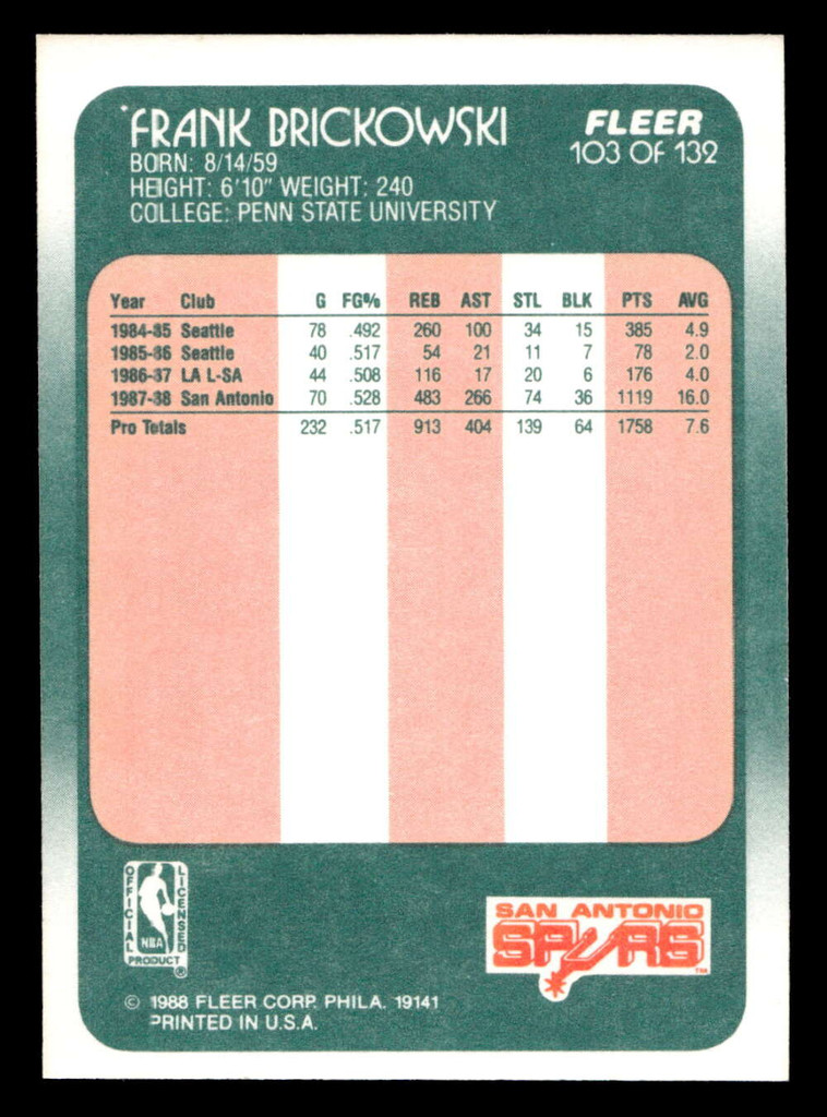 1988-89 Fleer #103 Frank Brickowski Near Mint+ RC Rookie Basketball  ID: 510193