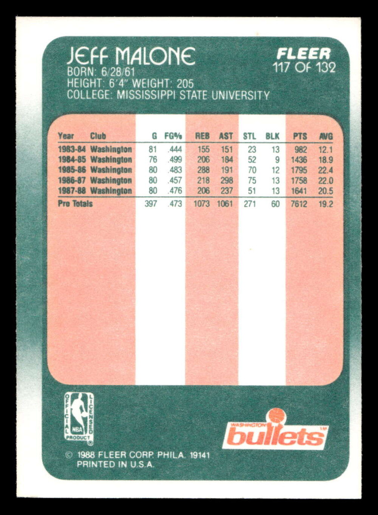 1988-89 Fleer #117 Jeff Malone Near Mint+ Basketball  ID: 510250