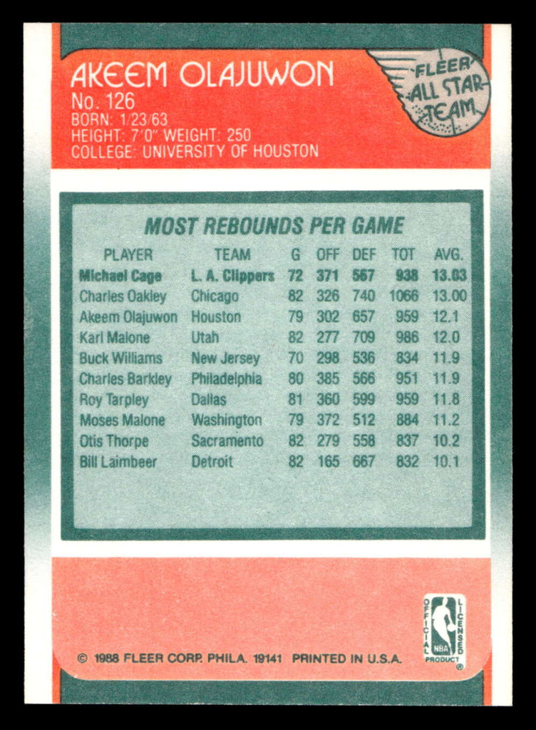 1988-89 Fleer #126 Hakeem Olajuwon AS Near Mint+ Basketball  ID: 510280