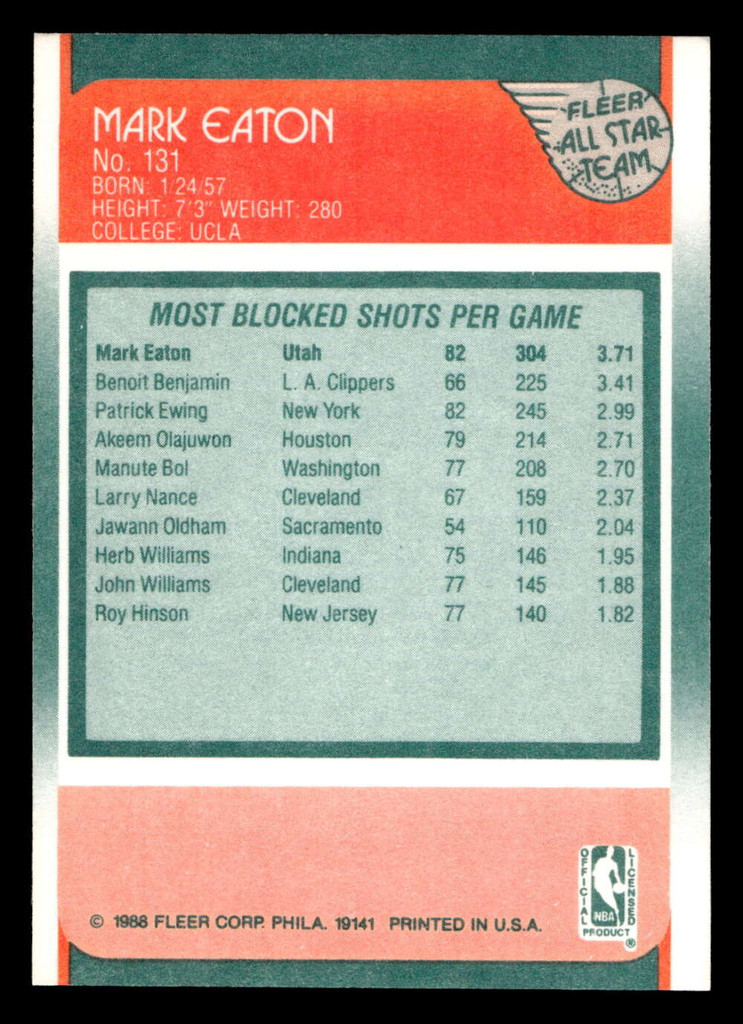 1988-89 Fleer #131 Mark Eaton AS Near Mint+ Basketball  ID: 510301