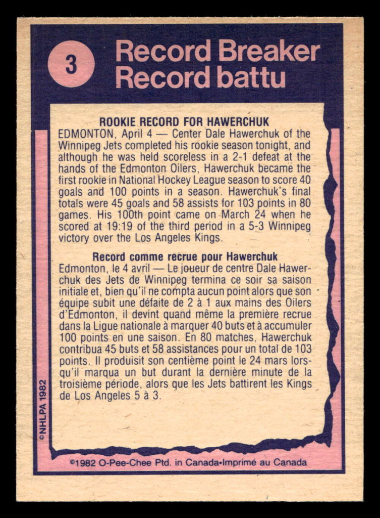1982-83 O-Pee-Chee #3 Dale Hawerchuk RB Ex-Mint OPC 