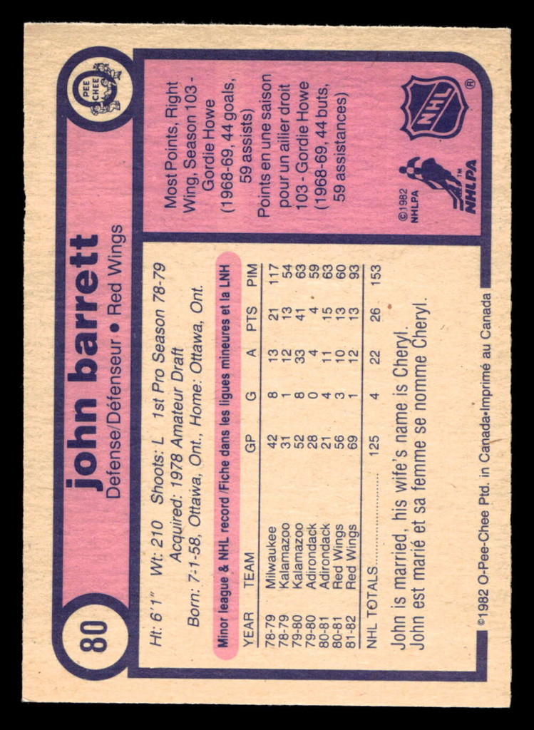 1982-83 O-Pee-Chee #80 John Barrett Ex-Mint RC Rookie OPC 