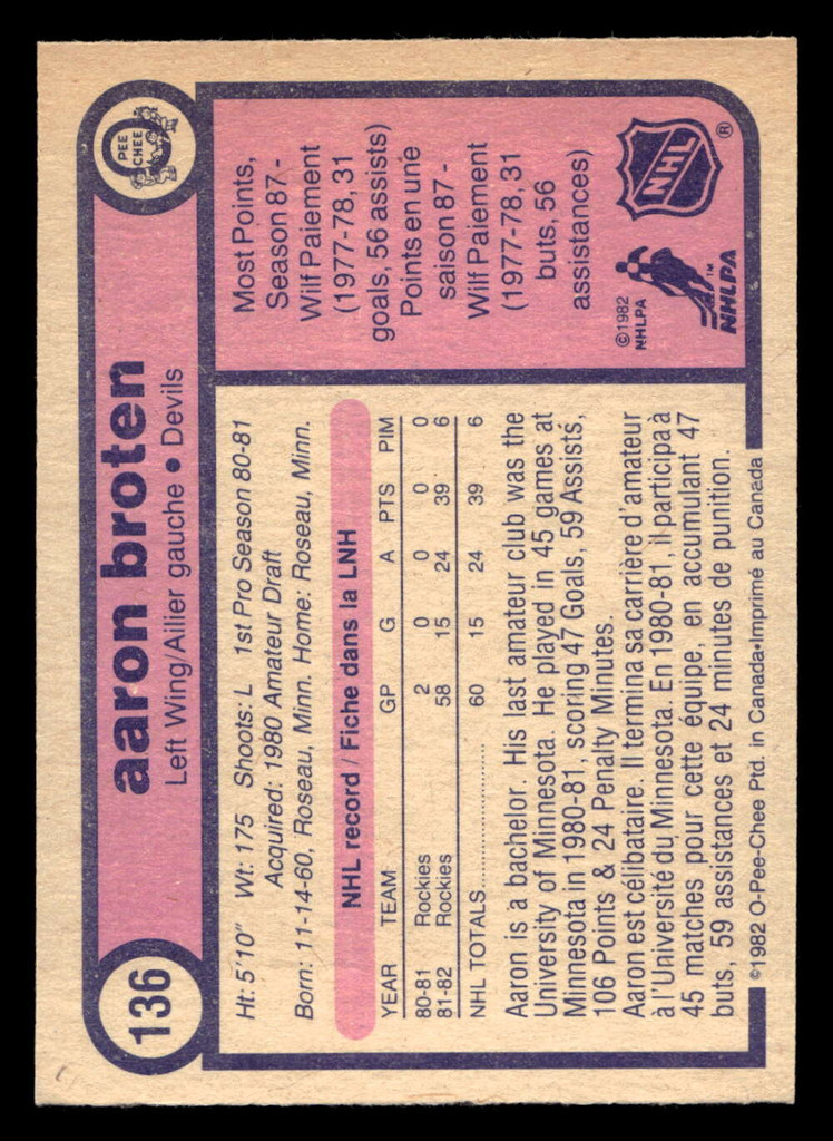 1982-83 O-Pee-Chee #136 Aaron Broten Ex-Mint RC Rookie OPC 