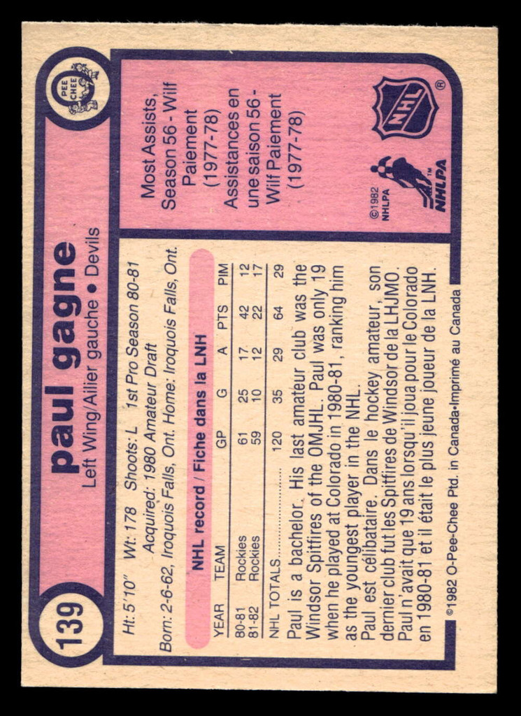 1982-83 O-Pee-Chee #139 Paul Gagne Ex-Mint OPC 