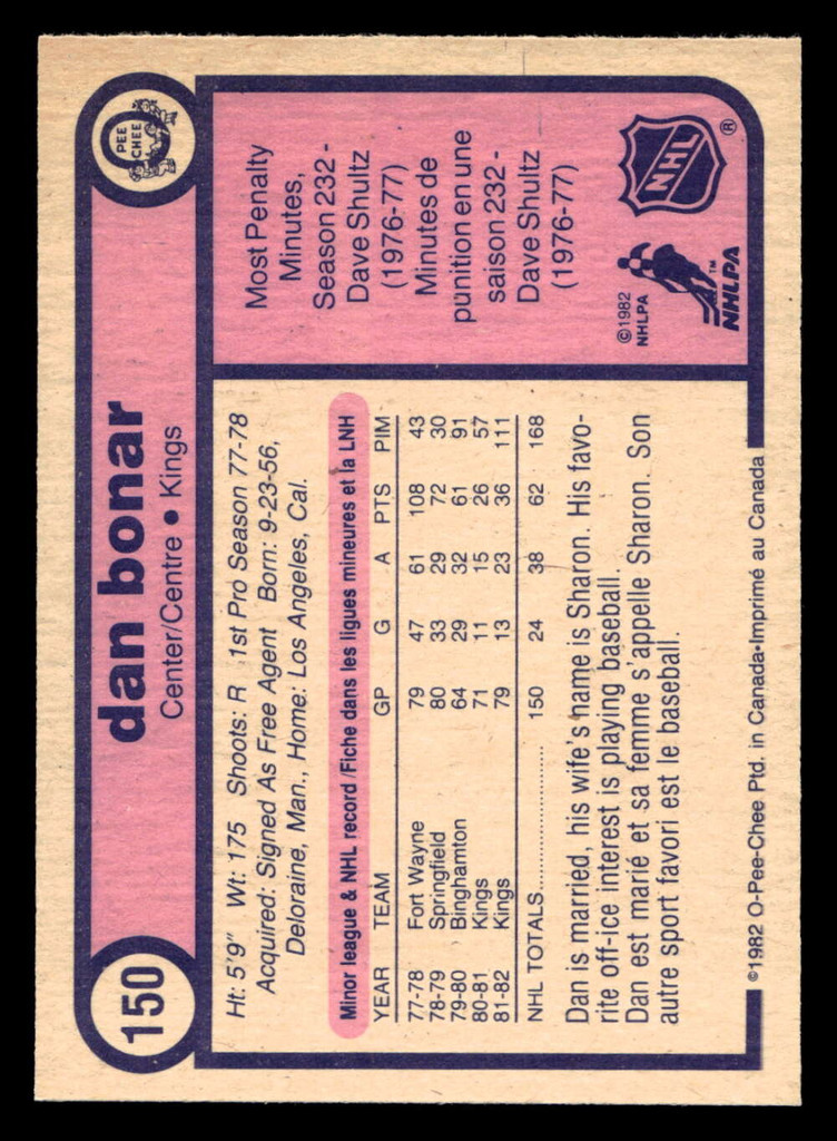 1982-83 O-Pee-Chee #150 Dan Bonar Near Mint RC Rookie OPC 