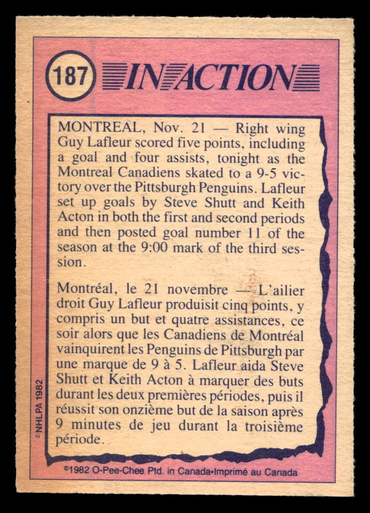 1982-83 O-Pee-Chee #187 Guy Lafleur IA Near Mint OPC 