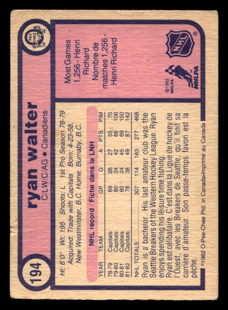 1982-83 O-Pee-Chee #194 Ryan Walter Very Good OPC 