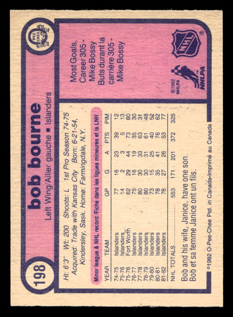 1982-83 O-Pee-Chee #198 Bob Bourne Near Mint+ OPC 