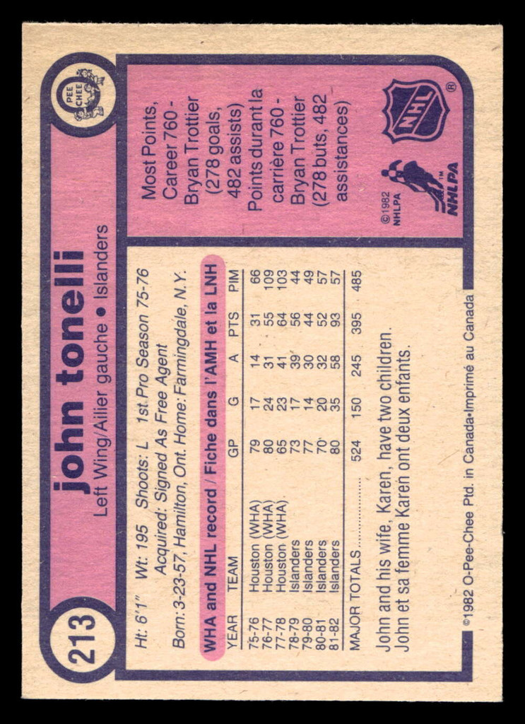 1982-83 O-Pee-Chee #213 John Tonelli Near Mint+ OPC 
