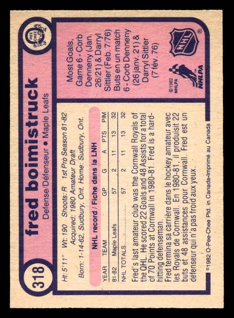 1982-83 O-Pee-Chee #318 Fred Boimistruck Near Mint RC Rookie 