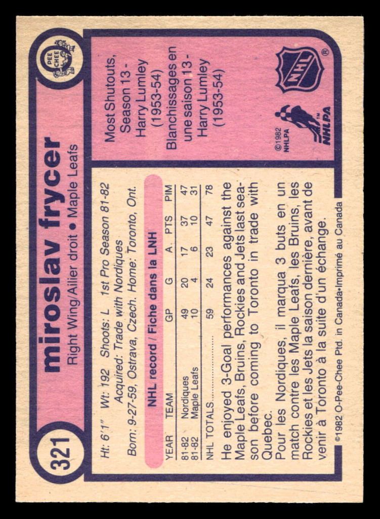 1982-83 O-Pee-Chee #321 Miroslav Frycer Near Mint+ RC Rookie 