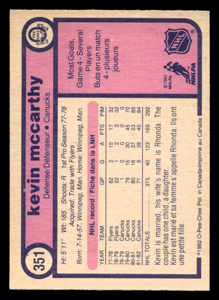 1982-83 O-Pee-Chee #351 Kevin McCarthy Near Mint+ 