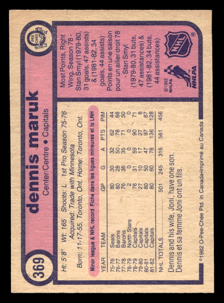 1982-83 O-Pee-Chee #369 Dennis Maruk Ex-Mint 