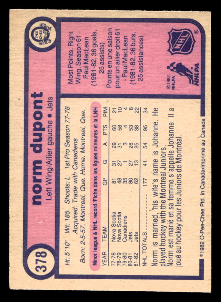 1982-83 O-Pee-Chee #378 Norm Dupont Ex-Mint 