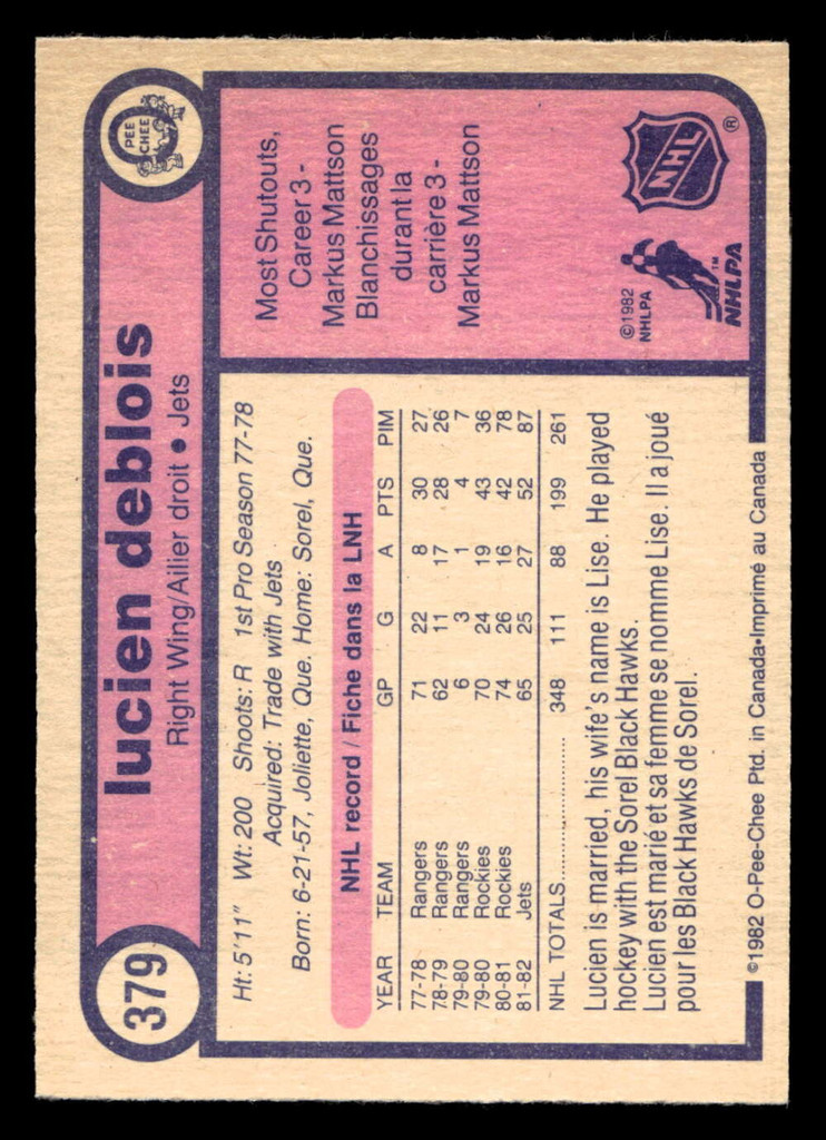 1982-83 O-Pee-Chee #379 Lucien DeBlois Near Mint 