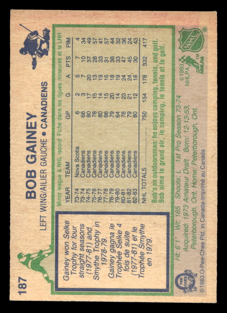 1983-84 O-Pee-Chee #187 Bob Gainey Ex-Mint 