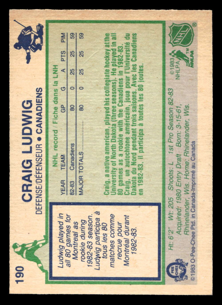1983-84 O-Pee-Chee #190 Craig Ludwig Very Good RC Rookie 
