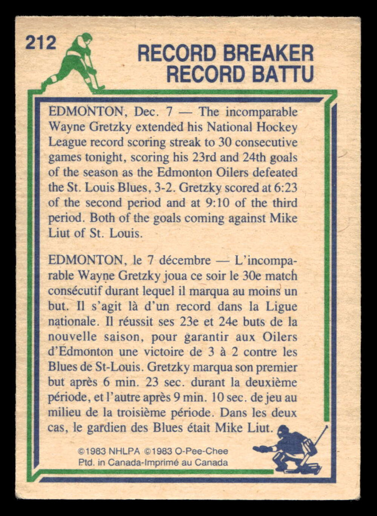 1983-84 O-Pee-Chee #212 Wayne Gretzky RB Excellent+ OPC 