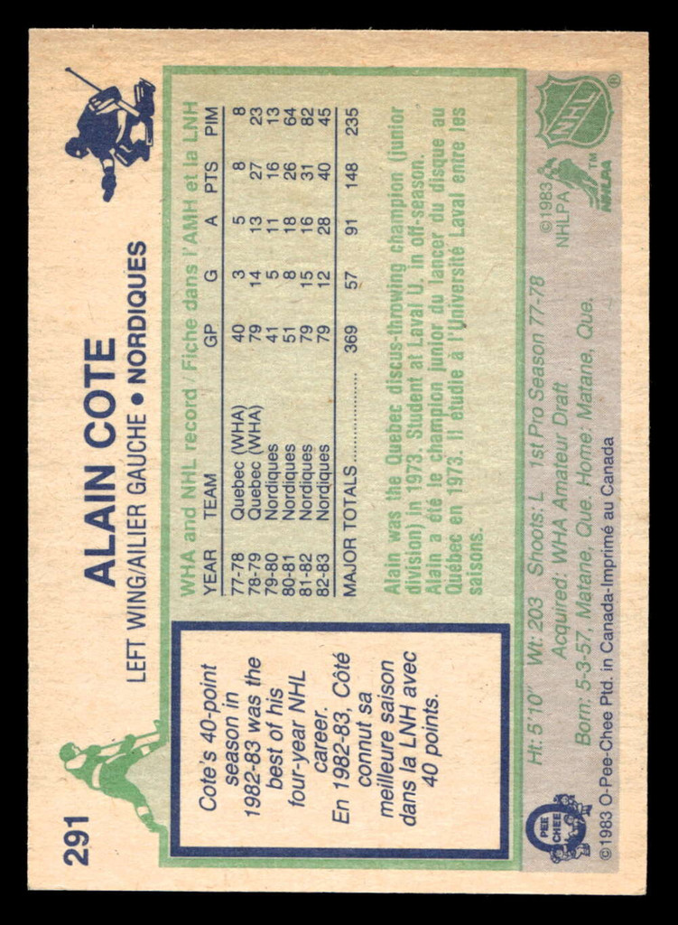 1983-84 O-Pee-Chee #291 Alain Cote Near Mint OPC 