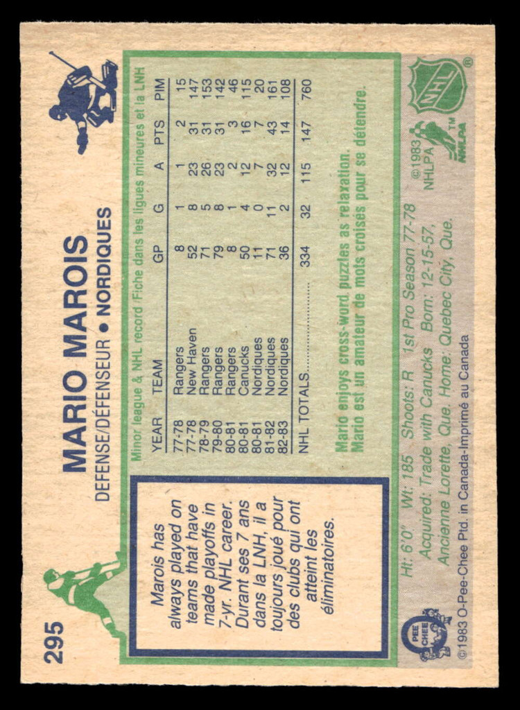 1983-84 O-Pee-Chee #295 Mario Marois Ex-Mint OPC 