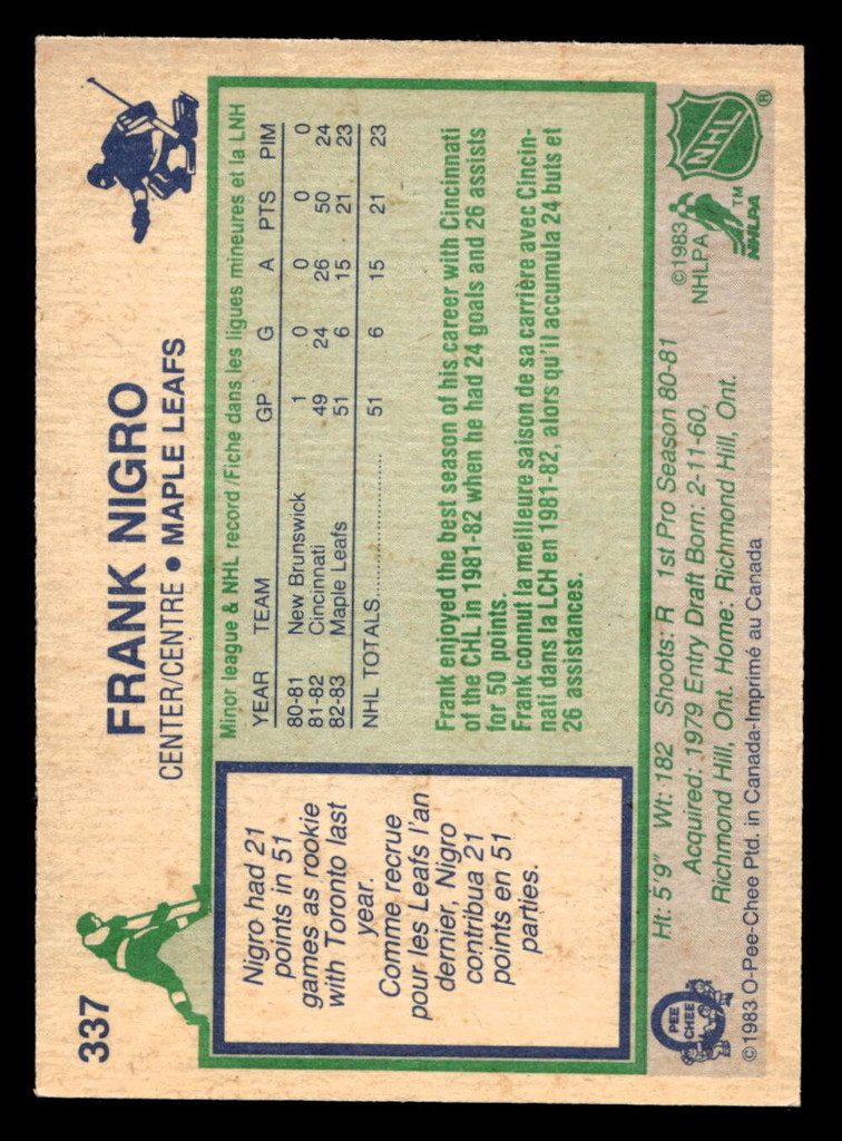 1983-84 O-Pee-Chee #337 Frank Nigro Ex-Mint RC Rookie OPC 