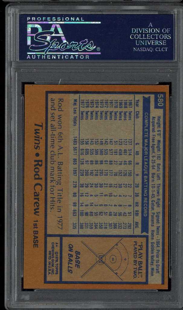1978 Topps #580 Rod Carew Twins PSA 8 NM-Mint