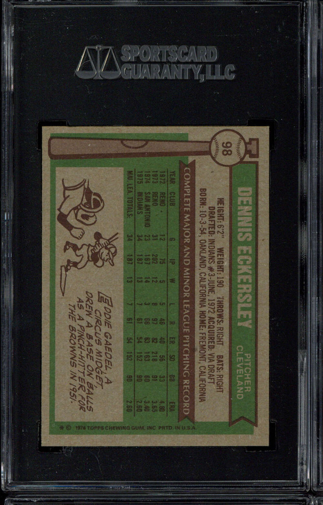 1976 Topps #98 Dennis Eckersley Indians SGC 6 EX-Mint RC