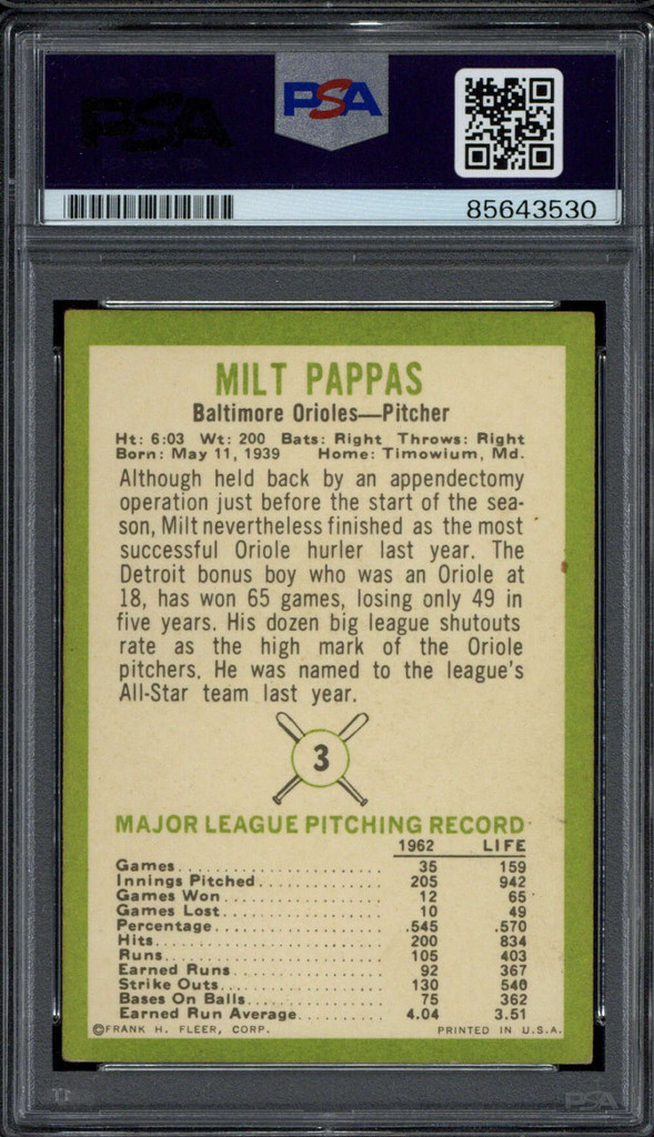 Milt Pappas 1963 Fleer #3 Signed PSA/DNA Slabbed Authenticated Orioles