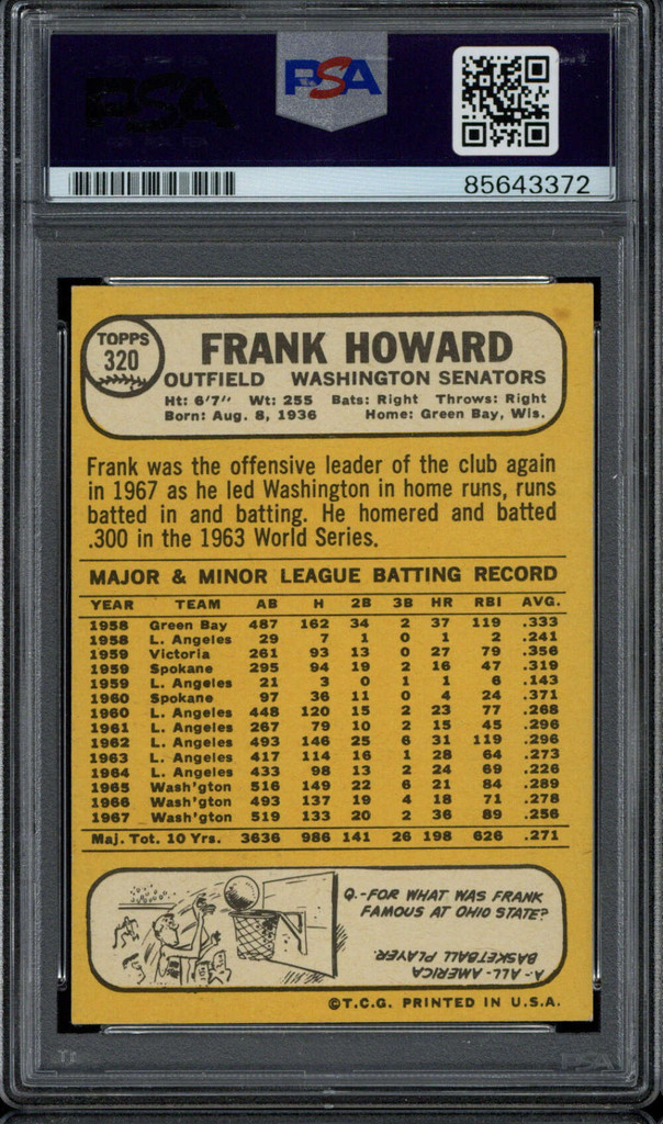 Frank Howard 1968 Topps #320 Signed PSA/DNA Slabbed Authenticated Senators