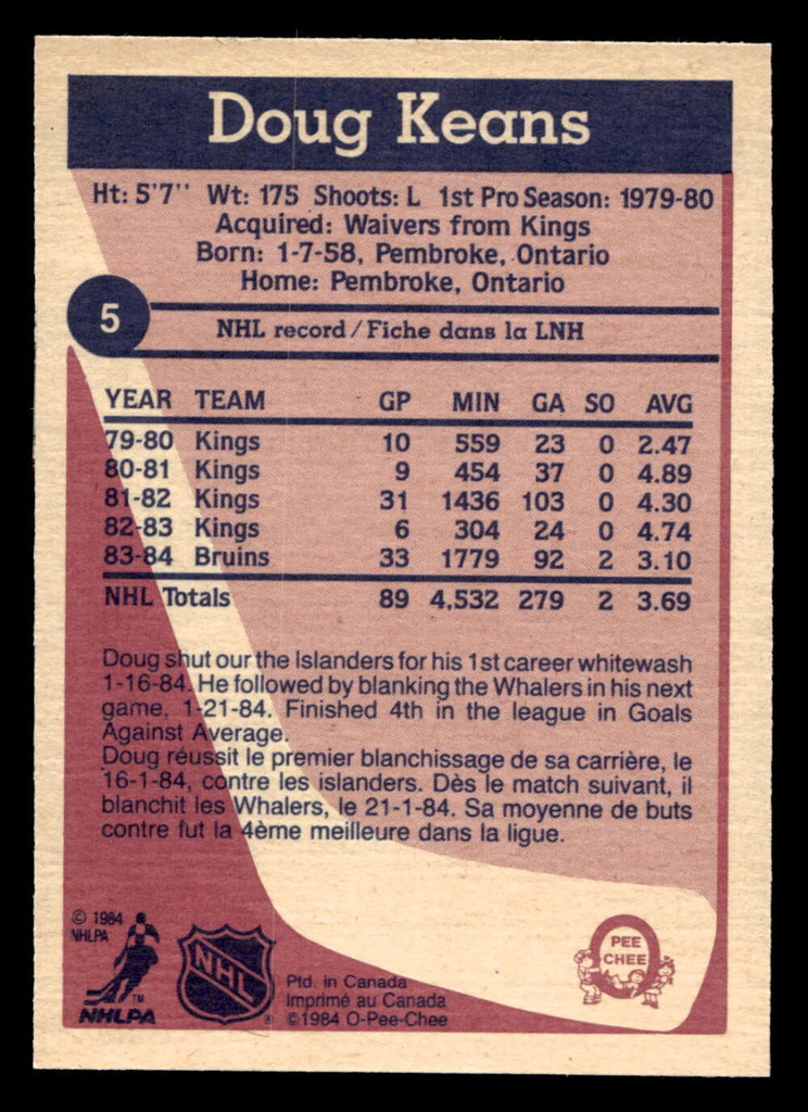 1984-85 O-Pee-Chee #5 Doug Keans Near Mint+ RC Rookie 