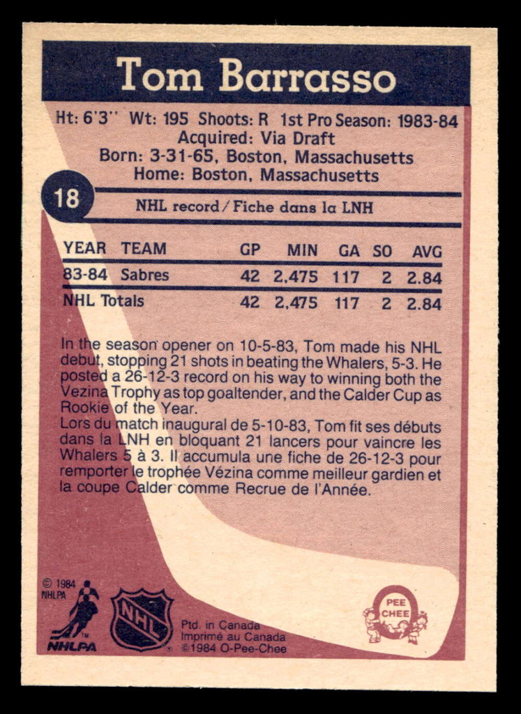1984-85 O-Pee-Chee #18 Tom Barrasso Near Mint RC Rookie 