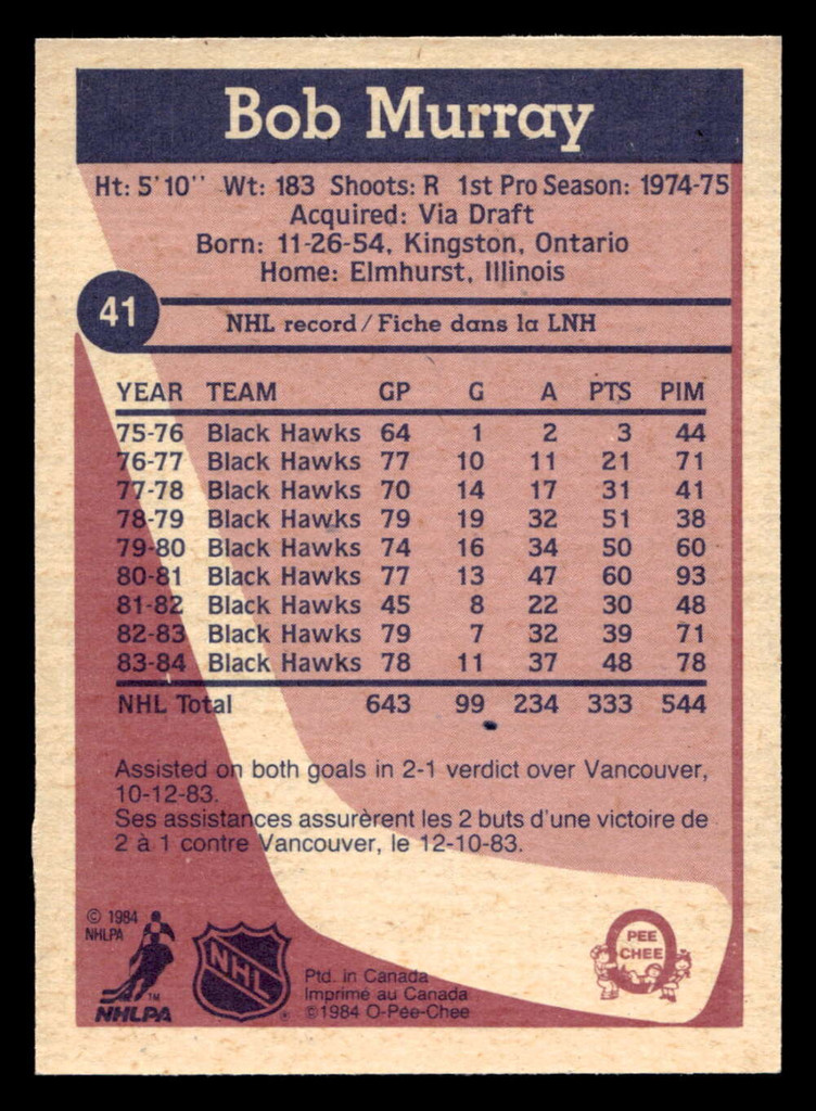 1984-85 O-Pee-Chee #41 Bob Murray Near Mint+ 