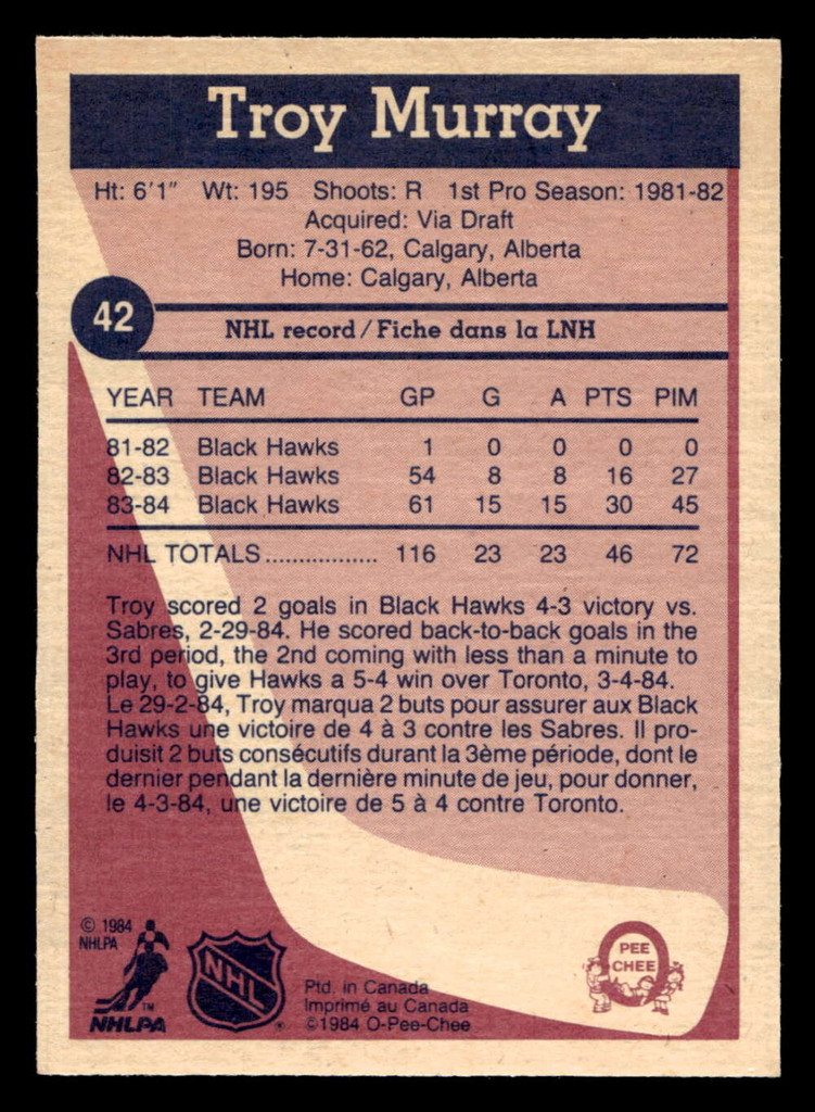 1984-85 O-Pee-Chee #42 Troy Murray Near Mint RC Rookie 