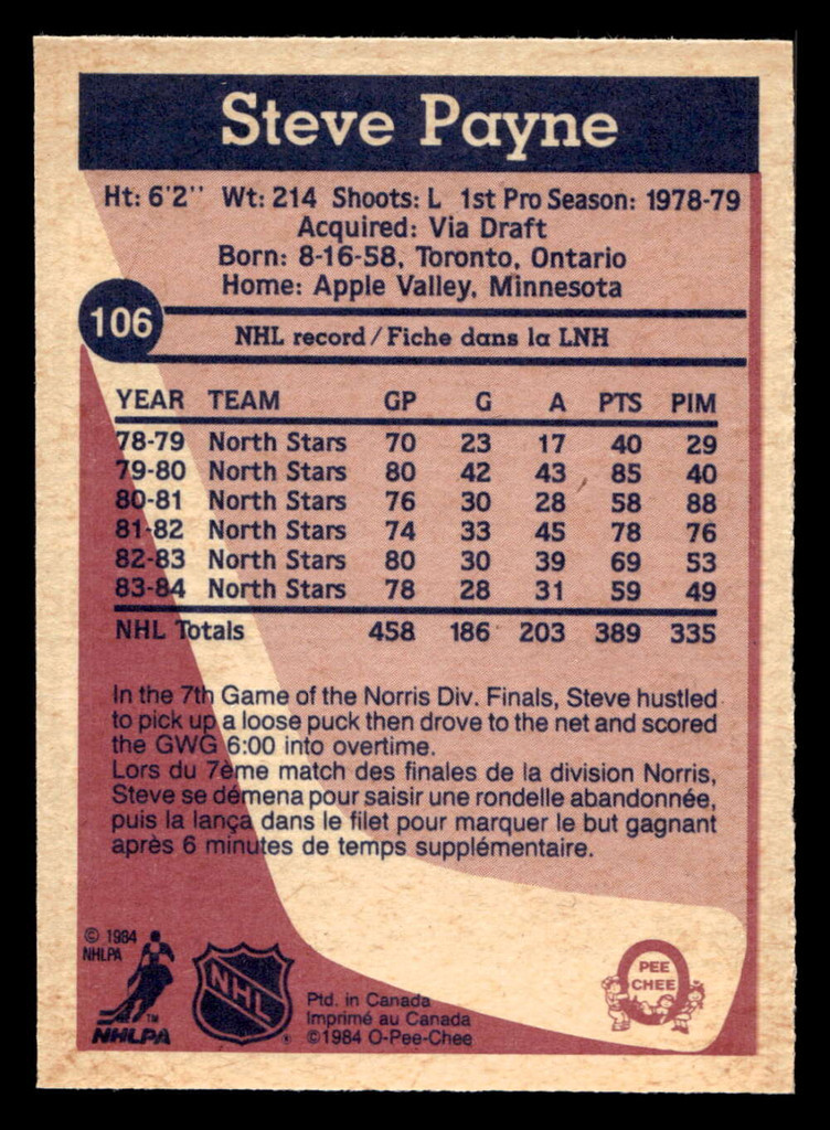 1984-85 O-Pee-Chee #106 Steve Payne Near Mint 