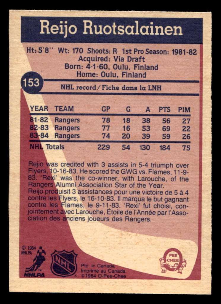 1984-85 O-Pee-Chee #153 Reijo Ruotsalainen Near Mint 