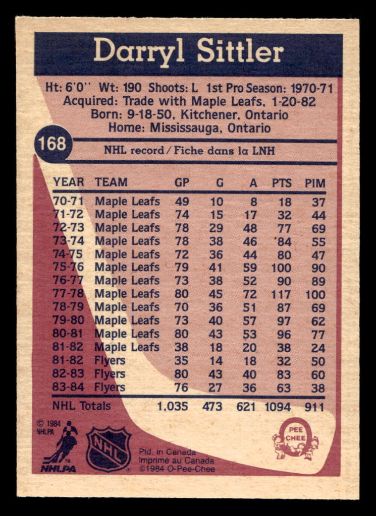1984-85 O-Pee-Chee #168 Darryl Sittler Near Mint 