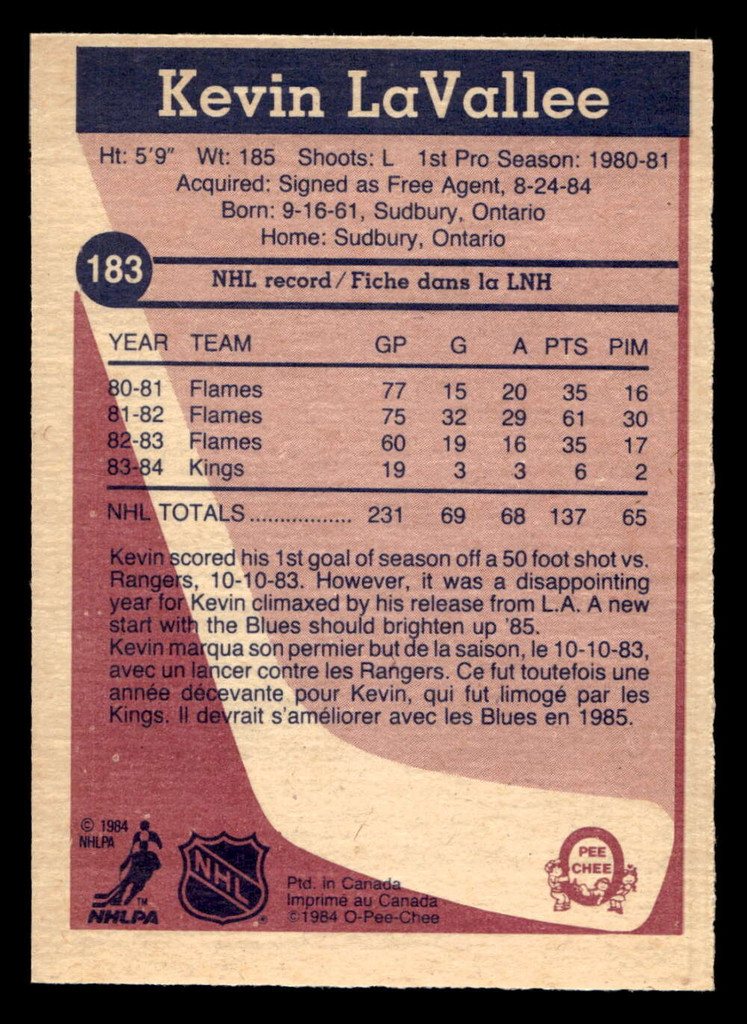 1984-85 O-Pee-Chee #183 Kevin LaVallee Excellent+ 