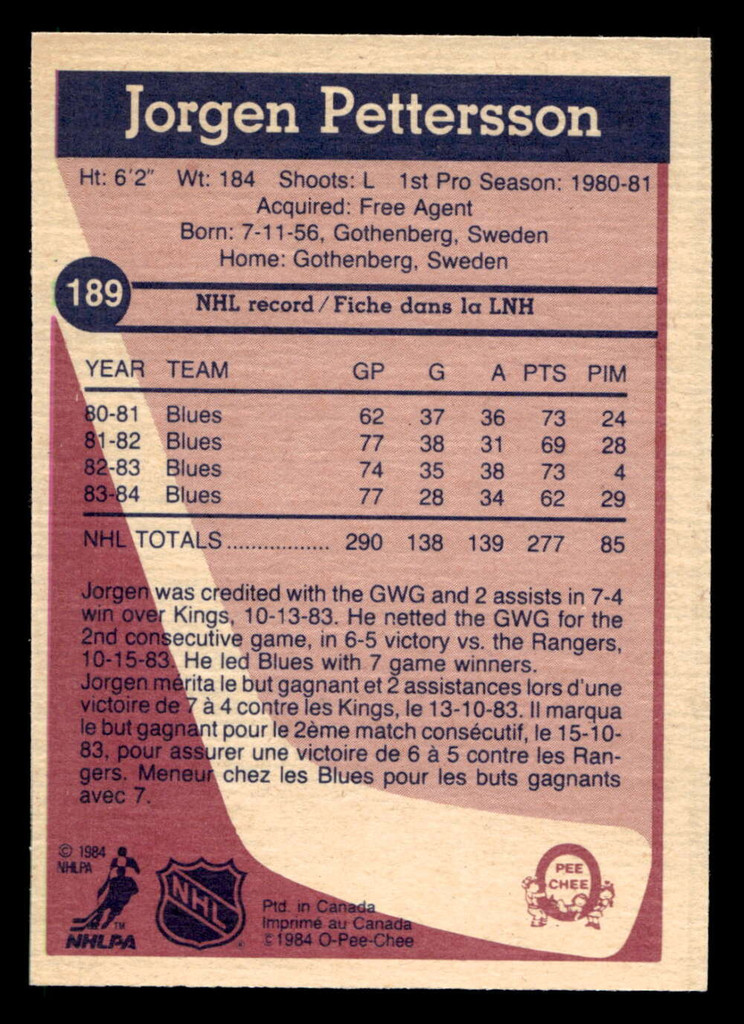 1984-85 O-Pee-Chee #189 Jorgen Pettersson Near Mint+ 
