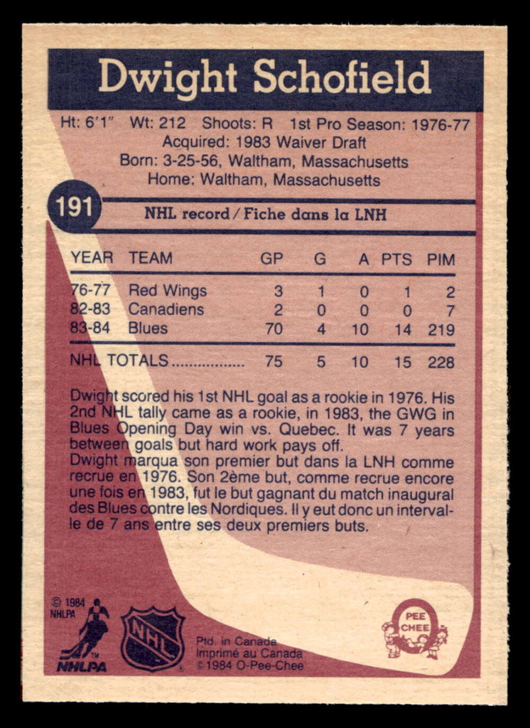 1984-85 O-Pee-Chee #191 Dwight Schofield Near Mint+ RC Rookie 