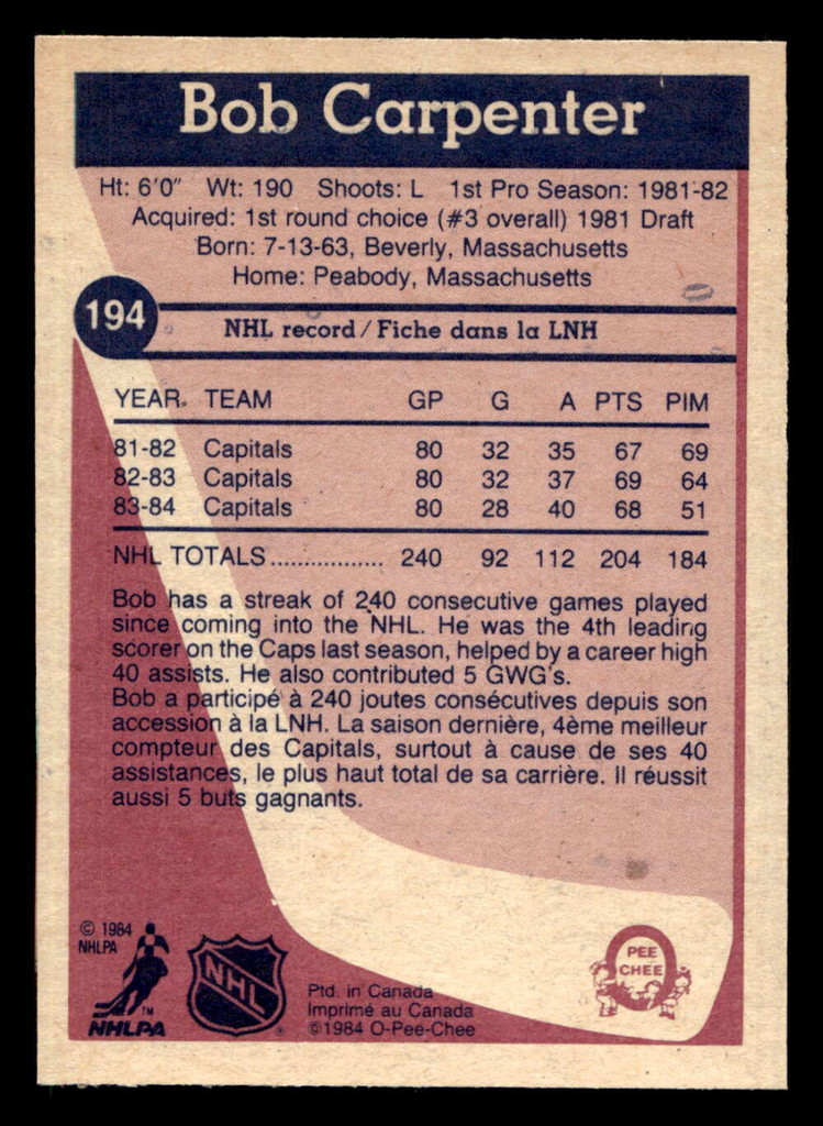 1984-85 O-Pee-Chee #194 Bob Carpenter Very Good 