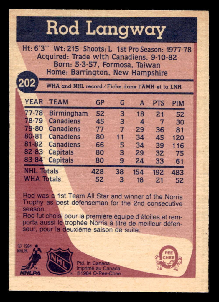 1984-85 O-Pee-Chee #202 Rod Langway Near Mint 