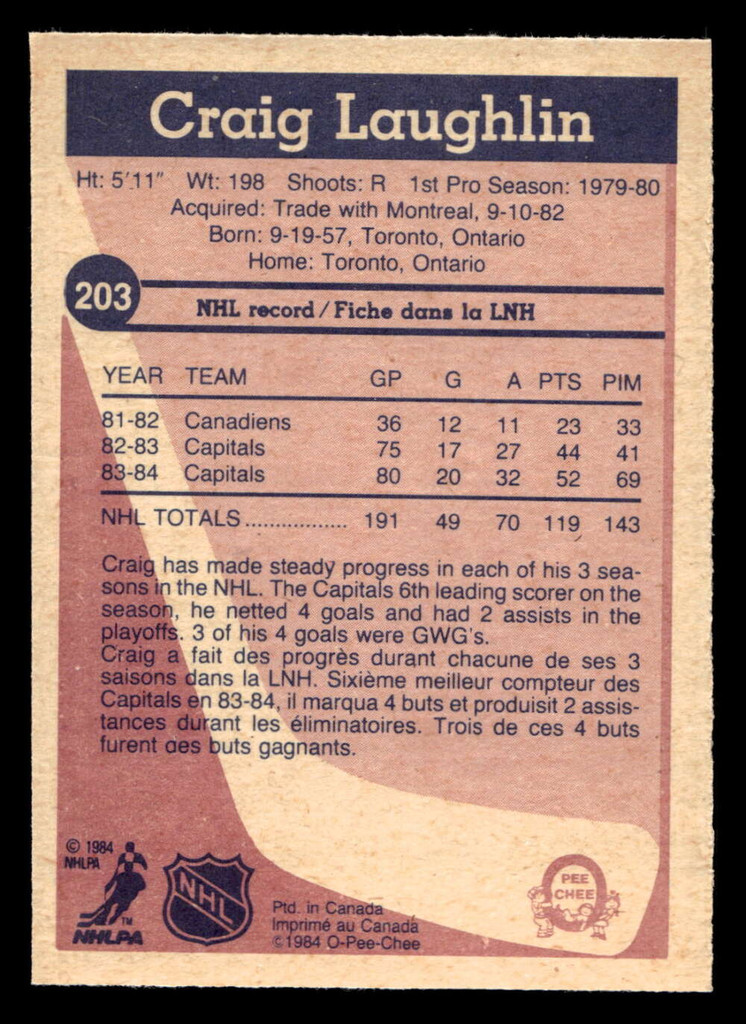 1984-85 O-Pee-Chee #203 Craig Laughlin Ex-Mint 