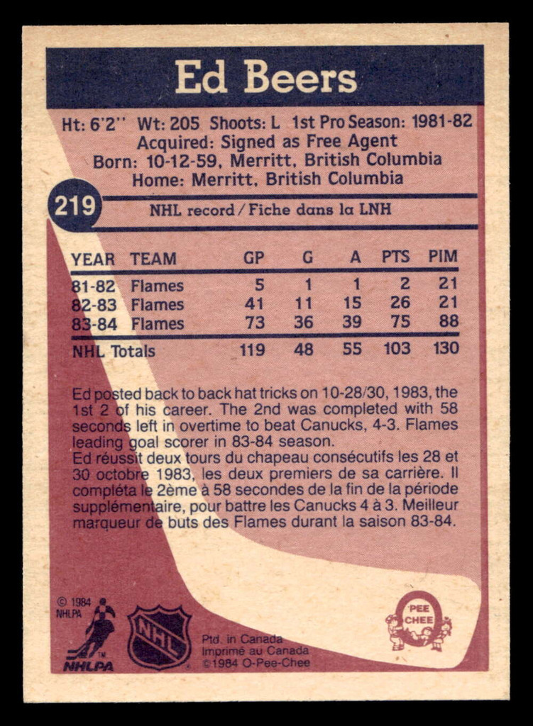 1984-85 O-Pee-Chee #219 Ed Beers Near Mint 