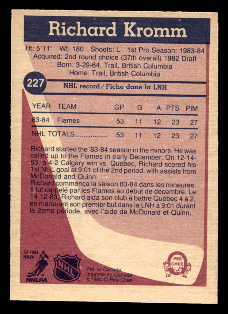 1984-85 O-Pee-Chee #227 Richard Kromm Near Mint RC Rookie 