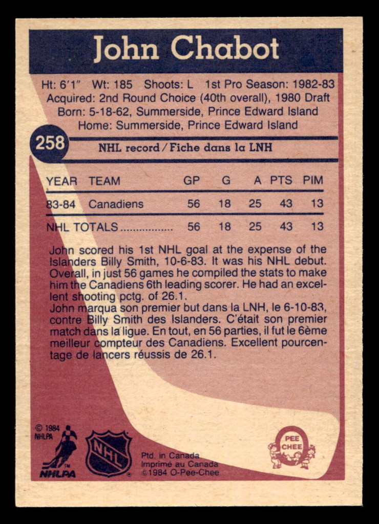 1984-85 O-Pee-Chee #258 John Chabot Near Mint RC Rookie 